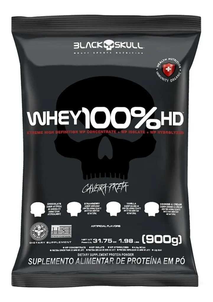 Whey 100% Hd Refil Black Skull - 900g (wpc, Wpi E Wph) Sabor Morango